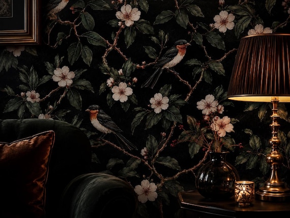 Dark Botanical Bird Wallpaper | Black Chinoiserie Cherry Branch Floral Wall Mural
