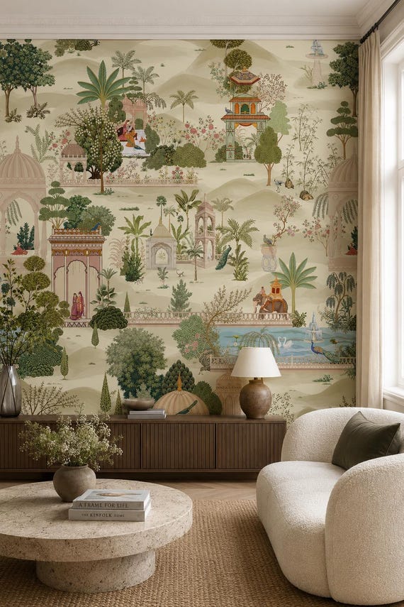 Mughal Jaipur Garden Wallpaper | Indian Toile Home Decor | Peacock Palace Wall Mural
