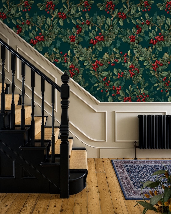 Dark Botanical Berry Wallpaper | Christmas Holly Peel and Stick Wall Mural