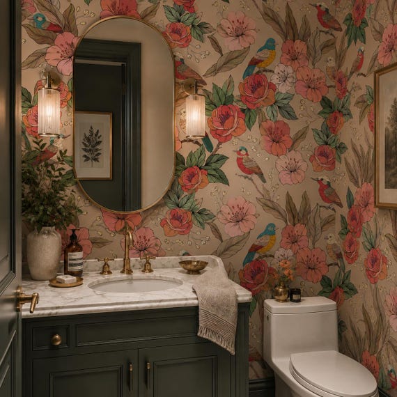 Vintage Bird Floral Wallpaper | Taupe Botanical Bird Peel and Stick Wall Mural