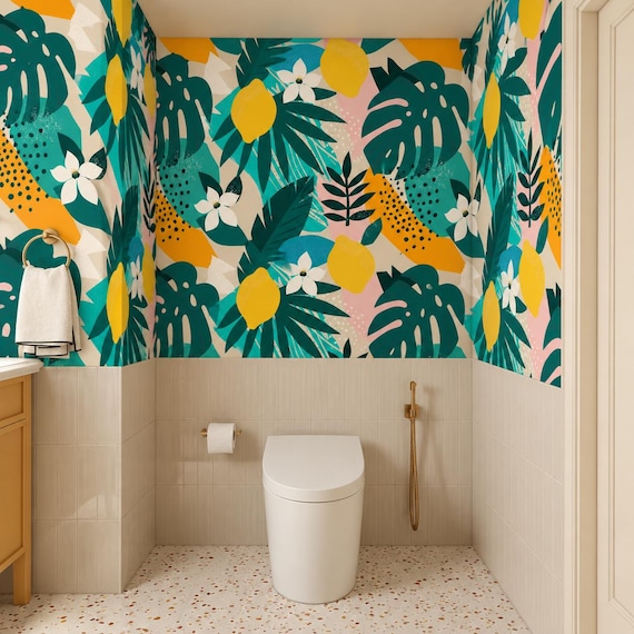 Lemon Tropical Wallpaper | Colorful Monstera Leaf Mural, Abstract Peel and Stick, Summer Decor