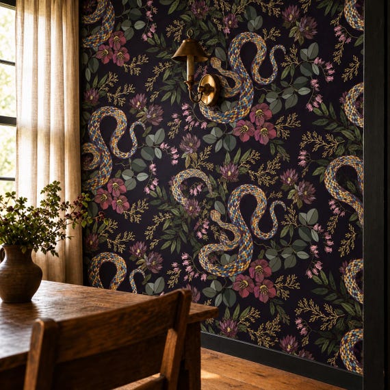 Dark Snake Wallpaper | Moody Floral Serpent Mural | Botanical Peel and Stick | Gothic Accent Wall