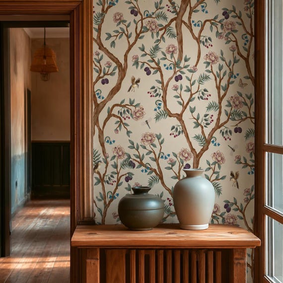 Botanical Chinoiserie Tree Wallpaper | Plum Peony Bird Vintage Wall Mural