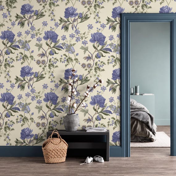 Periwinkle Floral Wallpaper | Vintage Cream Blue Peony Wall Mural