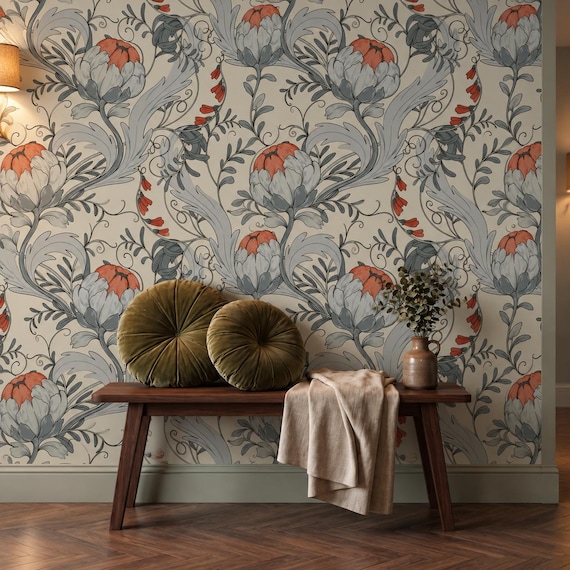 Nouveau Floral Wallpaper | Vintage Grey Red Botanical Wall Mural