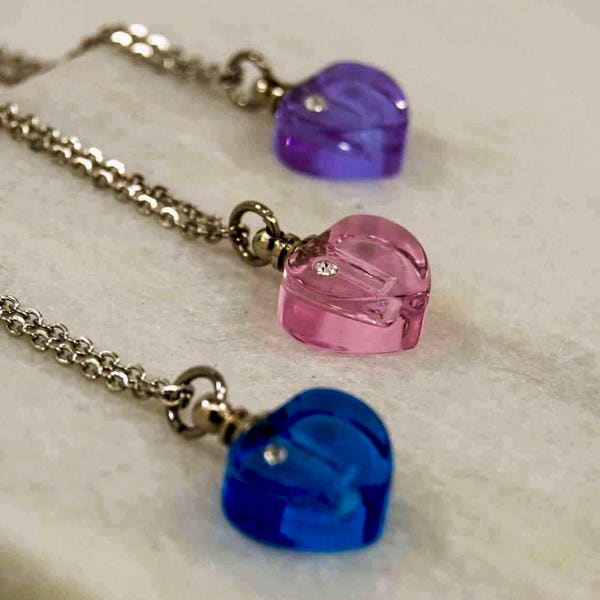 Cremation Urn Necklace || Choose Purple, Blue, Pink || Ashes Memorial Jewelry || Glass Heart with CZ Accent Cremation Jewelry