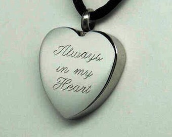 Engraveable &quot;Always in my Heart&quot; in Stainless Steel Cremation Urn Necklace || Chain Choice || Memorial Keepsake