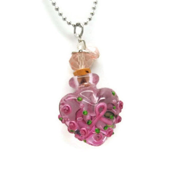 Cancer Cremation Urn Necklace || Breast Cancer Loss Gifts || Keepsake Jewelry || Pink Ribbon Art Glass Memorial