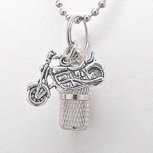 Motorcycle Charm on Capsule Urn Necklace || Biker Ashes Holder Keepsake Jewelry