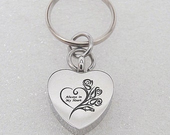 Key Ring Ashes Keepsake, Always in my Heart with Roses || Engraveable