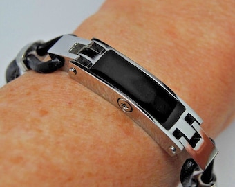 Black Front Urn Bracelet with Black Leather Strap || Mens 8.5" Length || Engravable Back