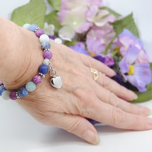 Purple Aqua Blue Cremation Bracelet with Heart Urn, Gemstone Urn Bracelet, Ashes Memorial Keepsake, Sympathy Gift for Humans or Pets