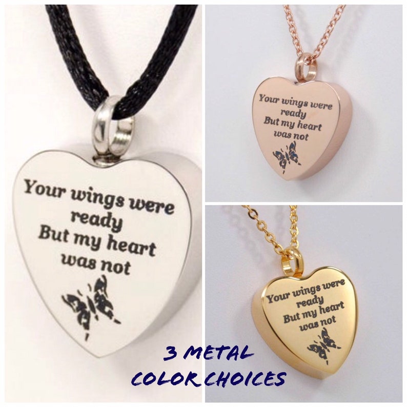 Cremation Urn Necklace, Butterfly Heart Engraved Your Wings were ready But my heart was not Chain Choice image 5