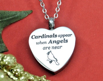 Cardinal Ashes Keepsake Necklace, Holds Human or Pet Ashes, Sign of Angels, "Cardinals appear when Angels are near" Cremation Jewelry