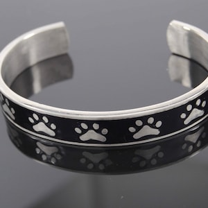 Paw Print Cuff Bracelet, Black with Silver Paws || Dog Or Cat Lovers Gift