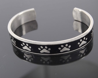 Paw Print Cuff Bracelet, Black with Silver Paws || Dog Or Cat Lovers Gift