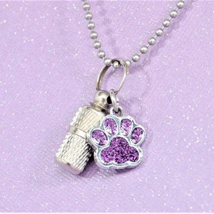 Capsule with Purple Sparkle Paw Print Urn Necklace || Dog or Cat Ashes Keepsake || Memorial Jewelry