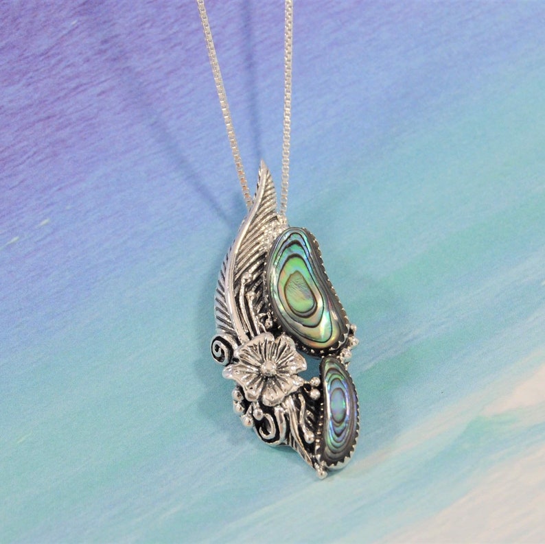 Support Jewelry Fine Religious Paua Shell Feather Necklace in 925 Sterling Silver Limited /& Unique
