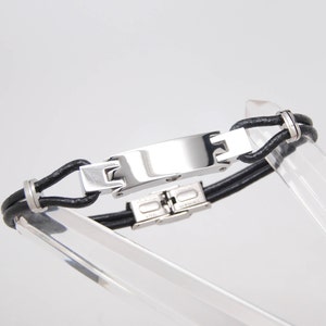 Cremation Bracelet, 8.5&quot; Two-Sided Engraveable Stainless Steel with Black Leather Strap || Ashes Keepsake