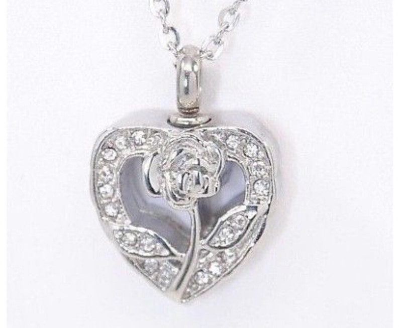 Cremation Urn Necklace CZ Open Rose Heart Looks Like April Birthstone
