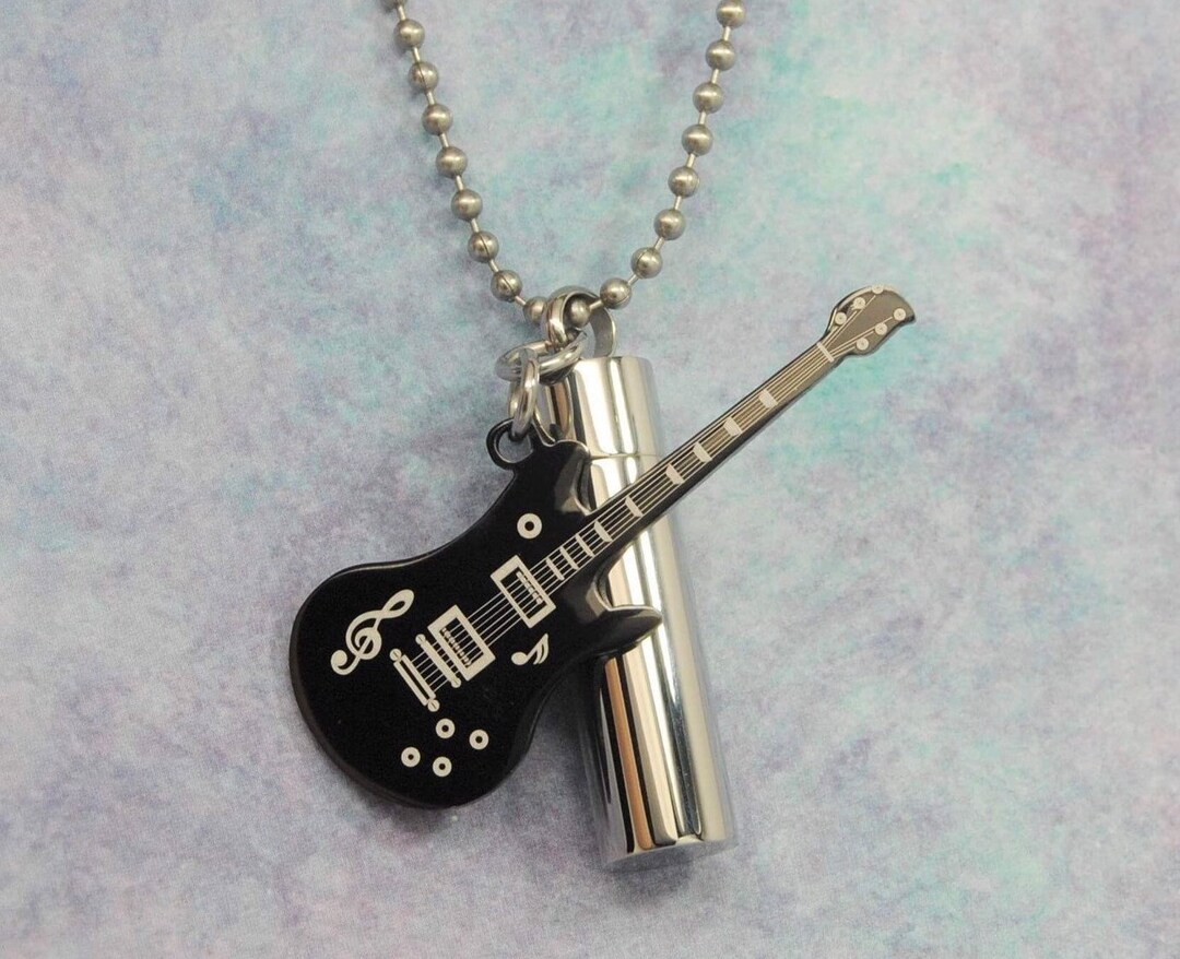 Cremation Urn Necklace With Black Electric Guitar Charm Tribute to a