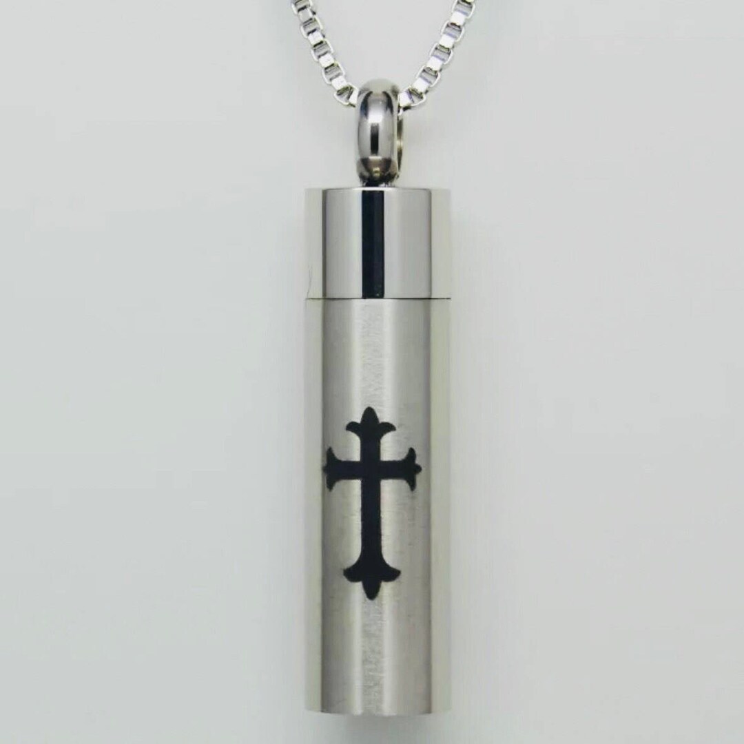 Brushed Stainless Steel With Black Gothic Cross Cylinder Cremation Urn ...