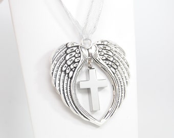 Cremation Urn Cross Memorial Ornament || Engravable Ashes Keepsake || Sympathy Gifts || Christmas Decoration for Ashes || Angel Wings Urn