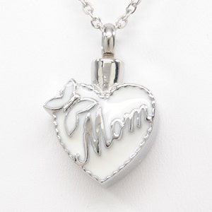 White Butterfly Heart with "Mom" Cremation Urn Necklace || Ashes Keepsake || Mom Memorial Jewelry || Engraveable