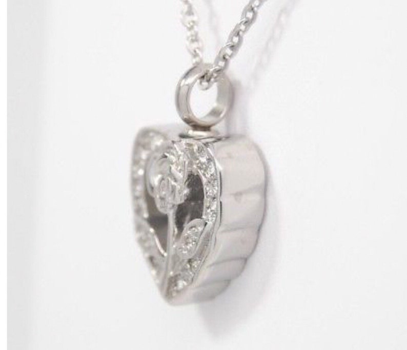 Cremation Urn Necklace CZ Open Rose Heart Looks Like April Birthstone