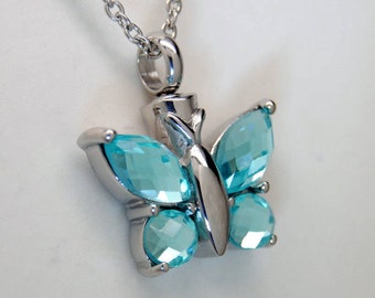 Blue Topaz Color CZ Butterfly Cremation Urn Necklace || Ashes Keepsake || December Birthstone