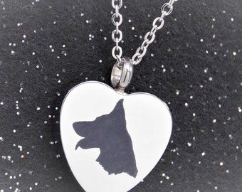 German Shepherd Heart Ashes Holder Necklace || Dog Keepsake Jewelry || Engravable Heart Urn Cremation Jewelry