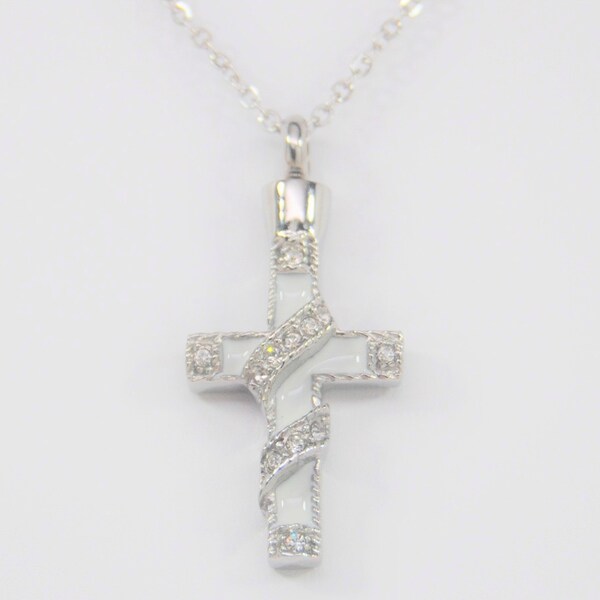 Collier d’urne funéraire Croix Blanche || Ruban CZ || Pierre de naissance d’avril || Bijoux commémoratifs