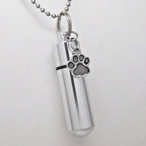 Paw Cremation Car Charm, Cylinder Ashes Holder Necklace || Engravable Paw Urn || Pet Memorial