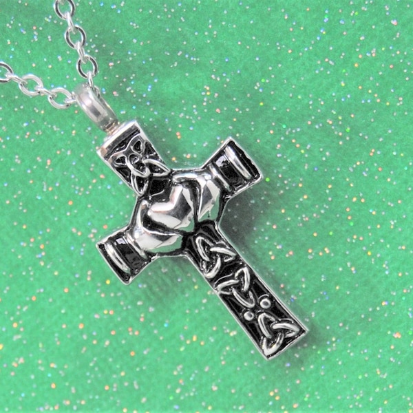 Claddagh Cross Cremation Urn Necklace || Celtic Ashes Keepsake || Irish Memorial Keepsake