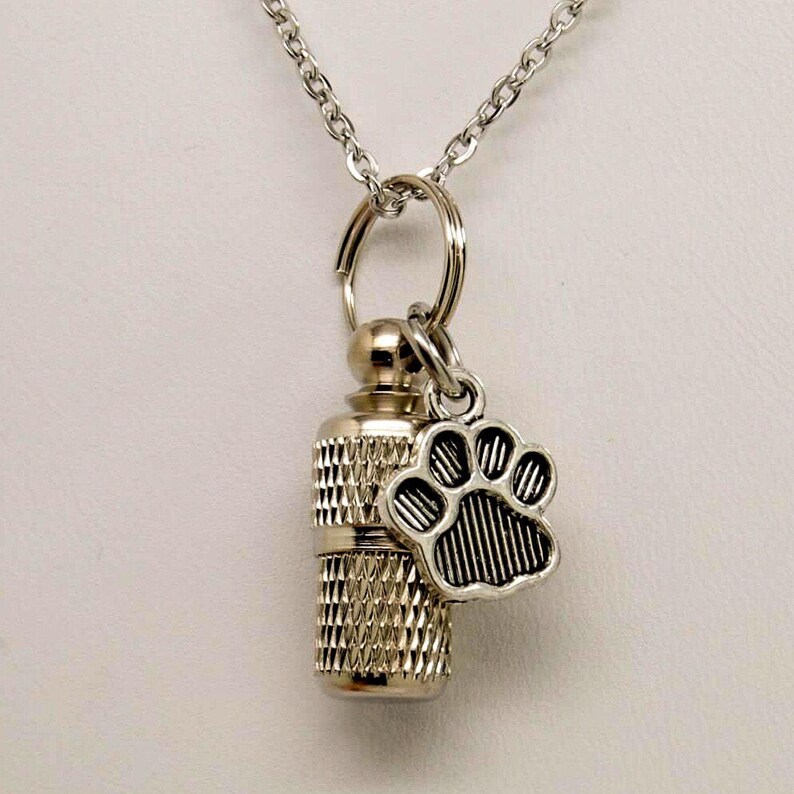 Dog or Cat Memorial Pet Grieving Capsule Urn with Paw Print Charm in Necklace or for Collar