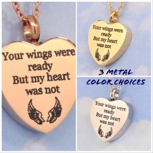 Human or Pet Ashes Holder Necklace Angel Wings Heart Engraved Your Wings were ready But my heart was not Rose Gold Memorial Jewelry image 5