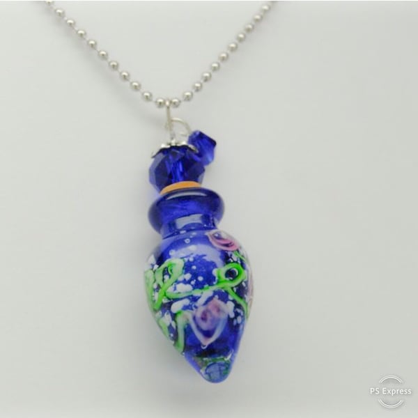 Sapphire Blue Art Glass with Pink Rose Design Cremation Urn Necklace || Ashes Keepsake || Memorial Jewelry