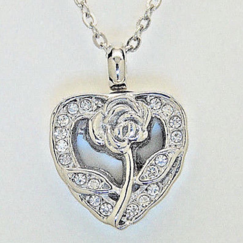 Cremation Urn Necklace CZ Open Rose Heart Looks Like April Birthstone