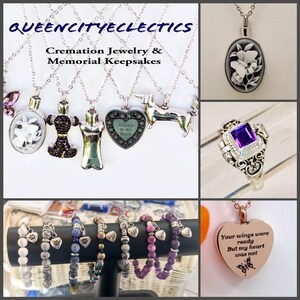 May include: Assortment of cremation jewelry and memorial keepsakes, including necklaces with pendants in the shape of a heart, bone, and flower, a ring with a purple gemstone, and bracelets with heart charms. The text "Always in my heart" and "Your wings were ready but my heart was not" are engraved on the pendants.