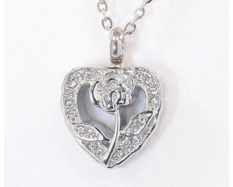 Cremation Urn Necklace CZ Open Rose Heart Looks Like April Birthstone