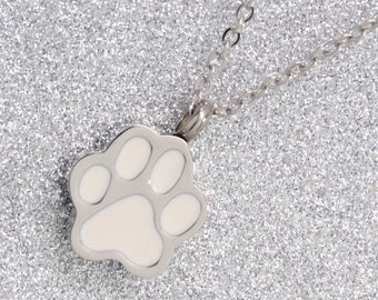 White Paw Print Dog or Cat Ashes Holder Necklace || Non Tarnish Stainless Steel || Engraveable