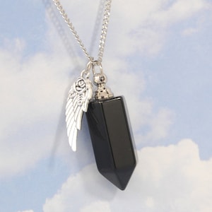Black Agate Cremation Jewelry, Black Obsidian Urn Necklace, Ashes Keepsake, Gemstone Memorial, Crystal Shaped Urn with Rose Wing Charm
