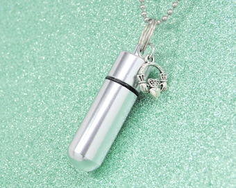 Claddagh Charm and Cylinder Cremation Urn Necklace || Celtic Ashes Keepsake || Irish Memorial Jewelry || Engraveable