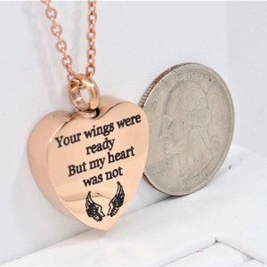 Human or Pet Ashes Holder Necklace Angel Wings Heart Engraved Your Wings were ready But my heart was not Rose Gold Memorial Jewelry image 4