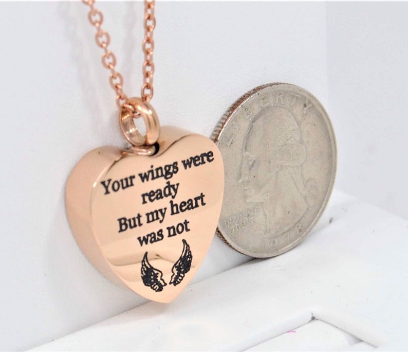 Human or Pet Ashes Holder Necklace Angel Wings Heart Engraved Your Wings were ready But my heart was not Rose Gold Memorial Jewelry image 4