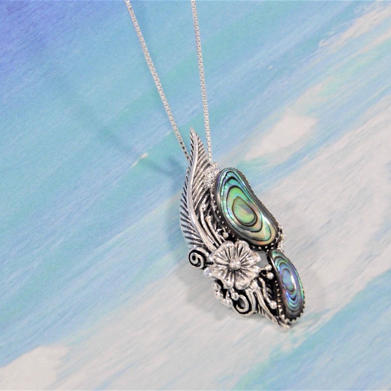 Support Jewelry Fine Religious Paua Shell Feather Necklace in 925 Sterling Silver Limited /& Unique