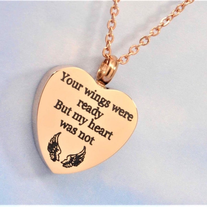 Human or Pet Ashes Holder Necklace Angel Wings Heart Engraved Your Wings were ready But my heart was not Rose Gold Memorial Jewelry image 6