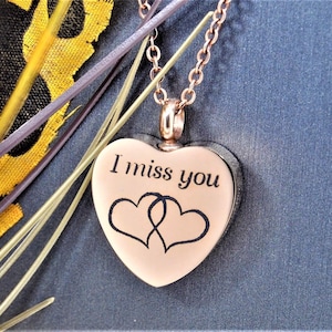 Rose Gold Heart Urn &quot;I miss you&quot; with Entwined Hearts Necklace || Ashes Keepsake || Engraveable