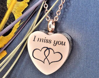 Rose Gold Heart Urn "I miss you" with Entwined Hearts Necklace || Ashes Keepsake || Engraveable