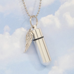 Cremation Jewelry, Cylinder Urn with Rose and Angel Wing Charm || Memorial Necklace || Ashes Keepsake || Engravable